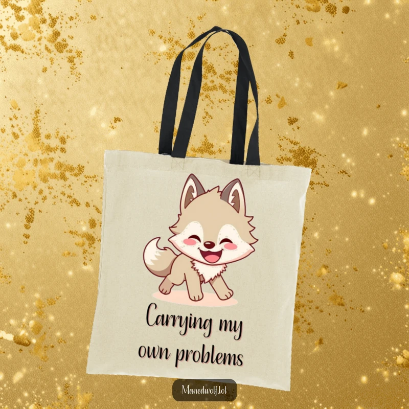 Funny maned wolf tote bag featuring a wolf's amusing shadow-chasing antics, perfect for carrying daily items with a grin.