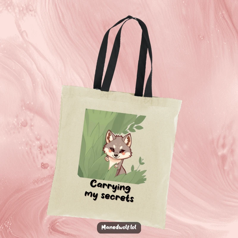 Funny tote bag featuring a maned wolf peeking out from behind a dense, green leafy bush.