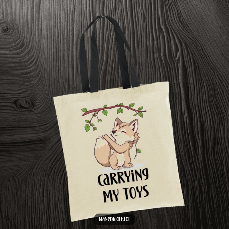 Funny Maned Wolf Tote Bag depicting a playful maned wolf batting at a dangling vine, full of jungle vibes.