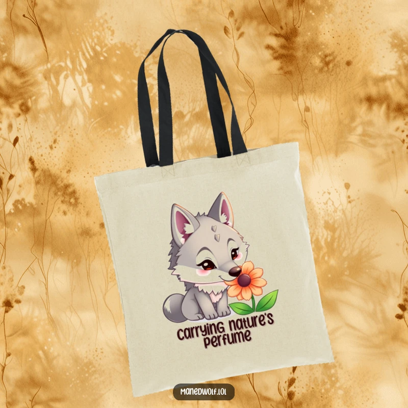 Funny maned wolf tote bag illustrating a curious wolf with its nose close to a vividly colored, delicate flower.
