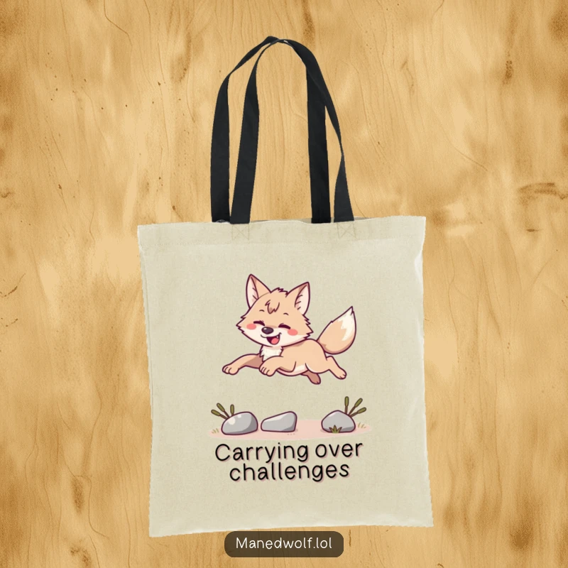Funny maned wolf leaping gracefully over an obstacle, sturdy tote bag, excellent funny gift for movers.