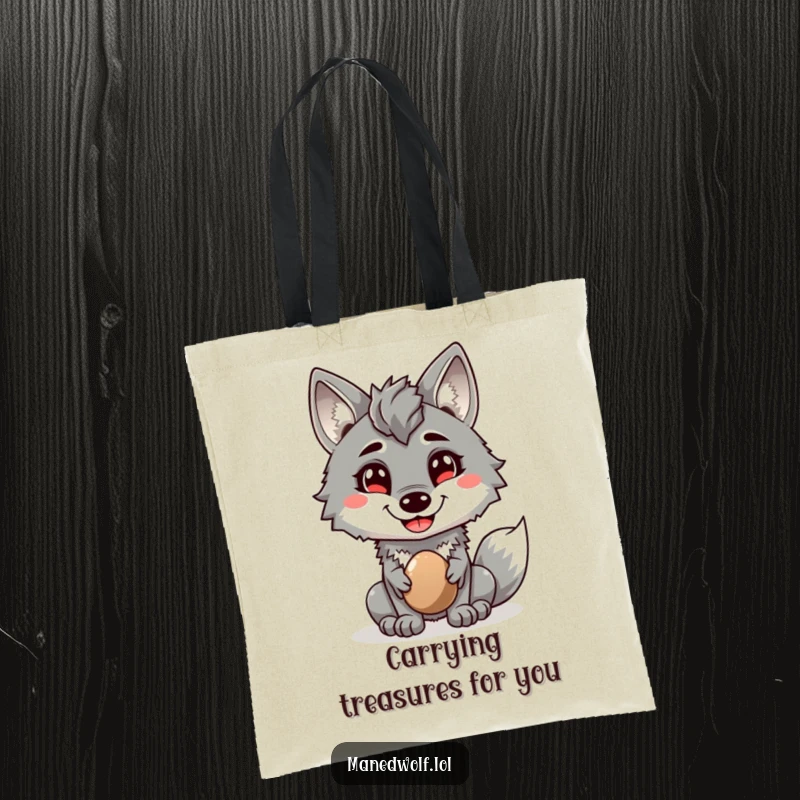 Funny tote bag with a maned wolf smiling and offering a shiny pebble, a humorous and charming accessory.