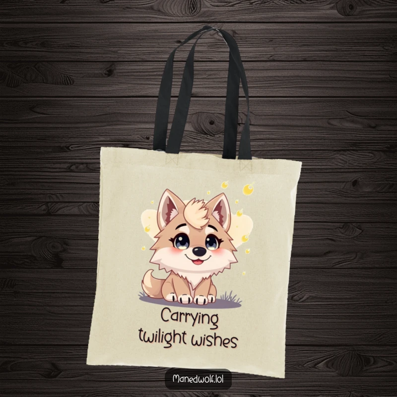 Funny tote bag depicting a maned wolf with wide, delighted eyes observing fireflies illuminating the evening sky.