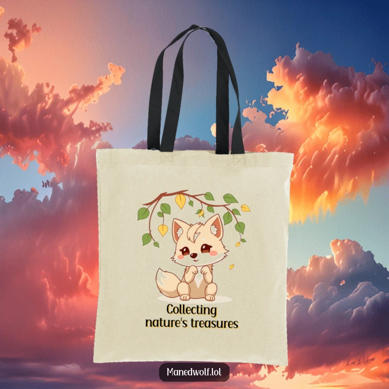 Funny kawaii maned wolf tote bag featuring a cute wolf playfully batting at leaves, great for shopping and errands with humor.
