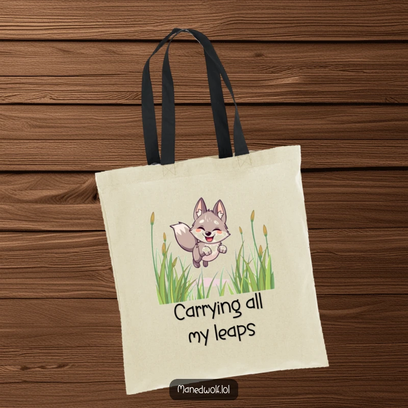 Funny maned wolf tote bag, happy design, leaping through grass, practical accessory for joy-filled days.