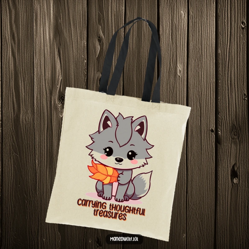 Funny Kawaii Maned Wolf Tote Bag featuring a cute wolf offering a vibrant feather, perfect for carrying items with kindness.