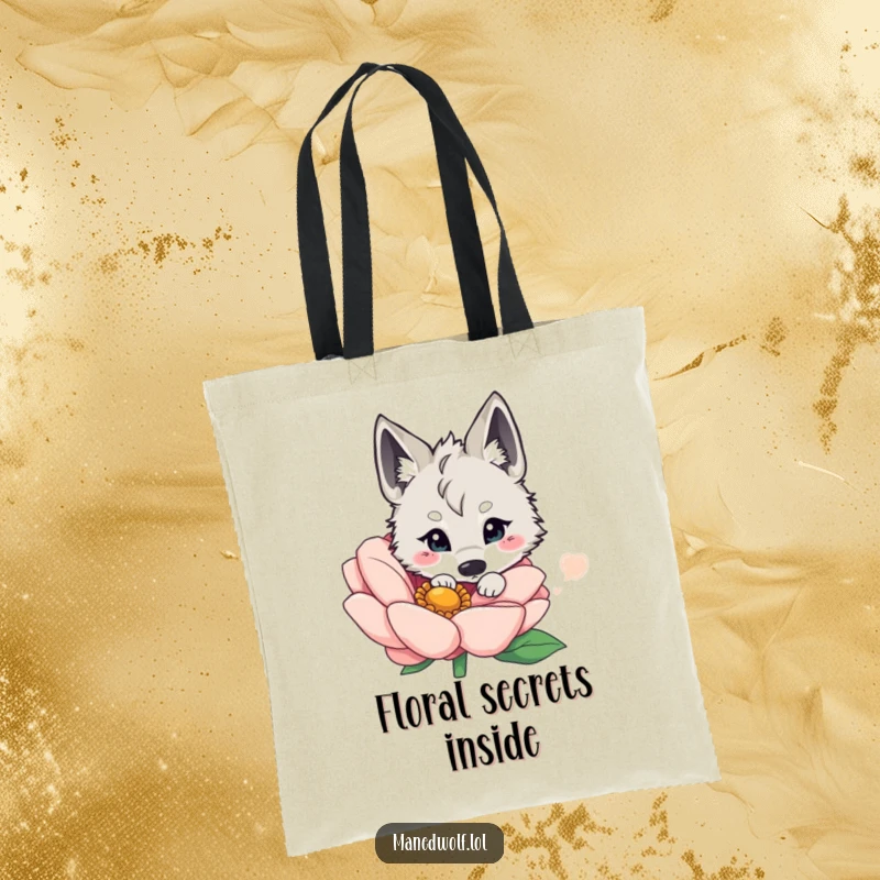 Funny kawaii maned wolf peeking out from behind a giant, blooming flower, creating a delightful and charming scene on a reusable tote bag.