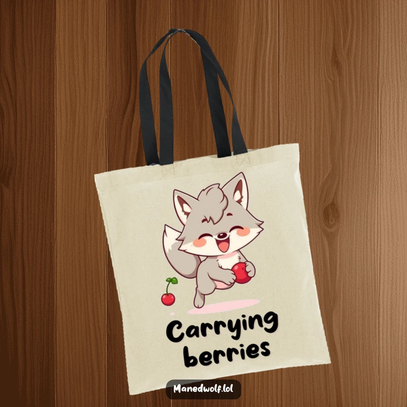 Funny Kawaii Maned Wolf Tote Bag: A cute maned wolf joyfully chasing a bouncing berry, a stylish and humorous accessory.