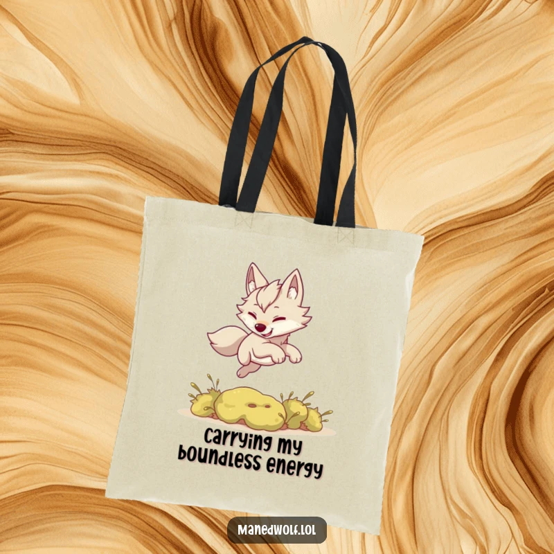 Funny tote bag showing a kawaii maned wolf energetically leaping over a small bush in a dynamic pose.