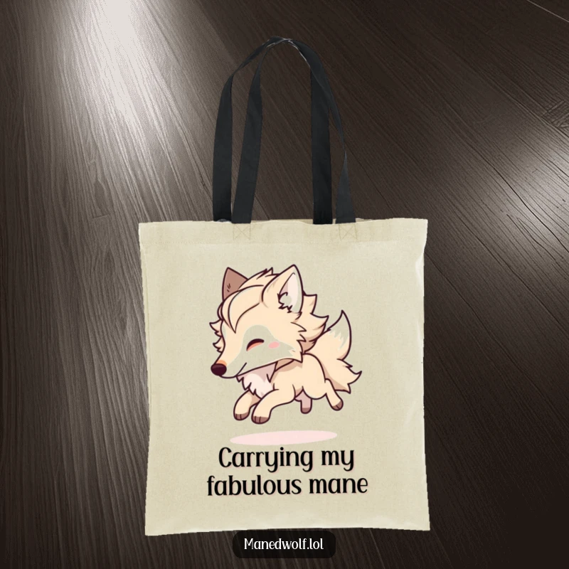 Funny Kawaii Maned Wolf Tote Bag showing a fluffy-maned wolf in a spirited bounding pose, ready for adventure and carrying smiles.