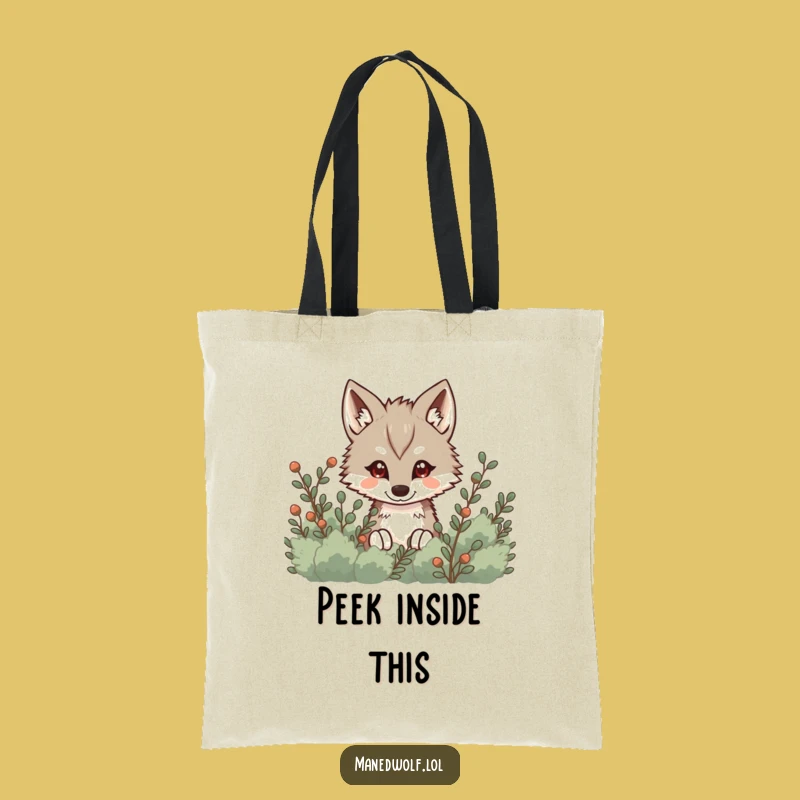Funny Kawaii Maned Wolf Tote Bag, Sneaky Peek Wolf Bag, Mysterious Gift Accessory
