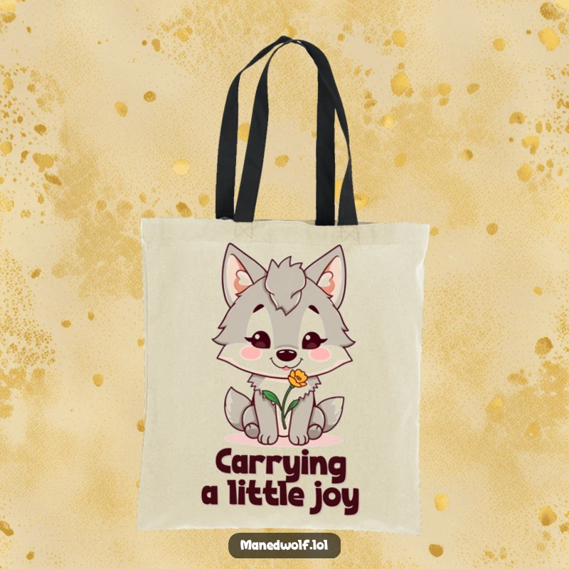 Funny Maned Wolf Tote Bag: A maned wolf with a happy grin offers a flower, showcasing a cute and funny design.