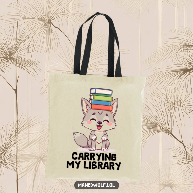 Funny Maned wolf balancing a stack of books overhead on a tote bag, a humorous accessory for literary excursions.
