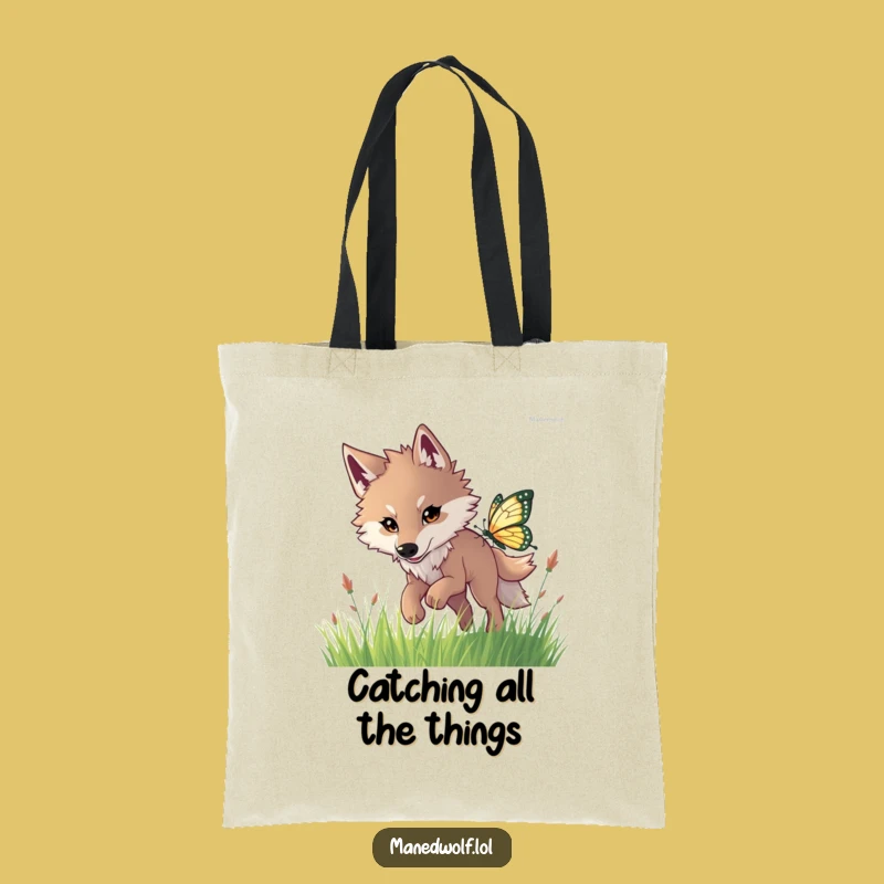 Funny Maned Wolf Butterfly Chase Tote Bag: Carry Your Enthusiasm!