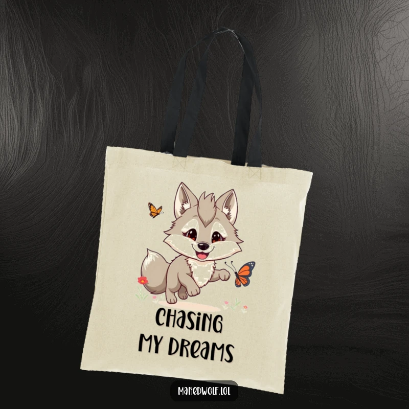 Funny maned wolf tote bag depicting a happy wolf with an open grin chasing a delicate butterfly.
