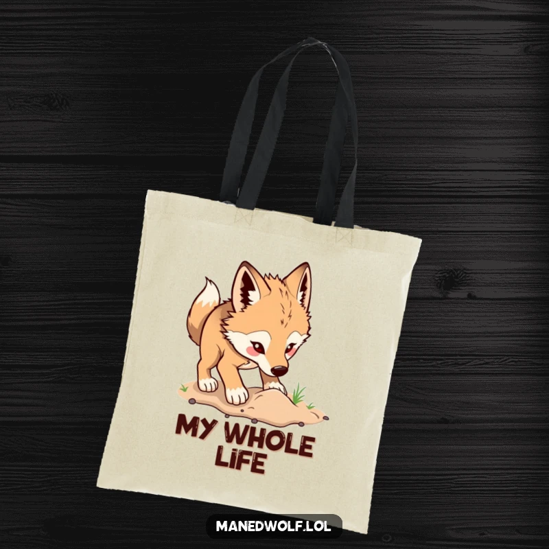 Funny maned wolf tote bag featuring a wolf happily digging in the earth, perfect for carrying essentials with a cheerful vibe.