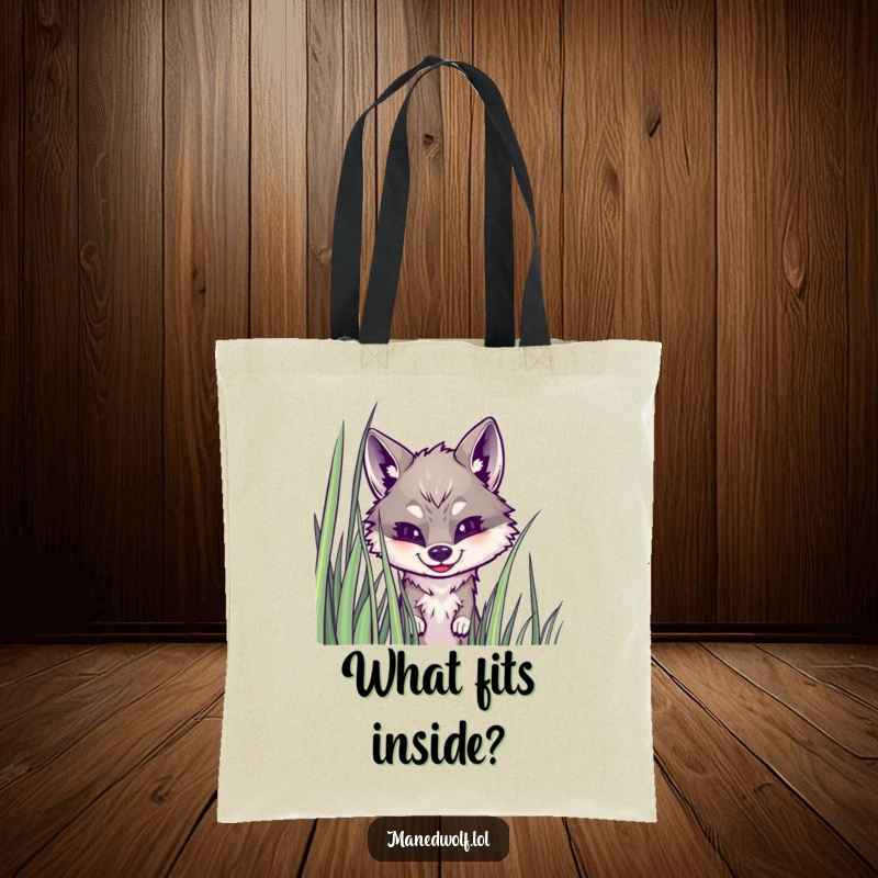 Funny maned wolf tote bag with a wolf peeking playfully from grass, perfect for stylishly carrying essentials with a hint of mystery.