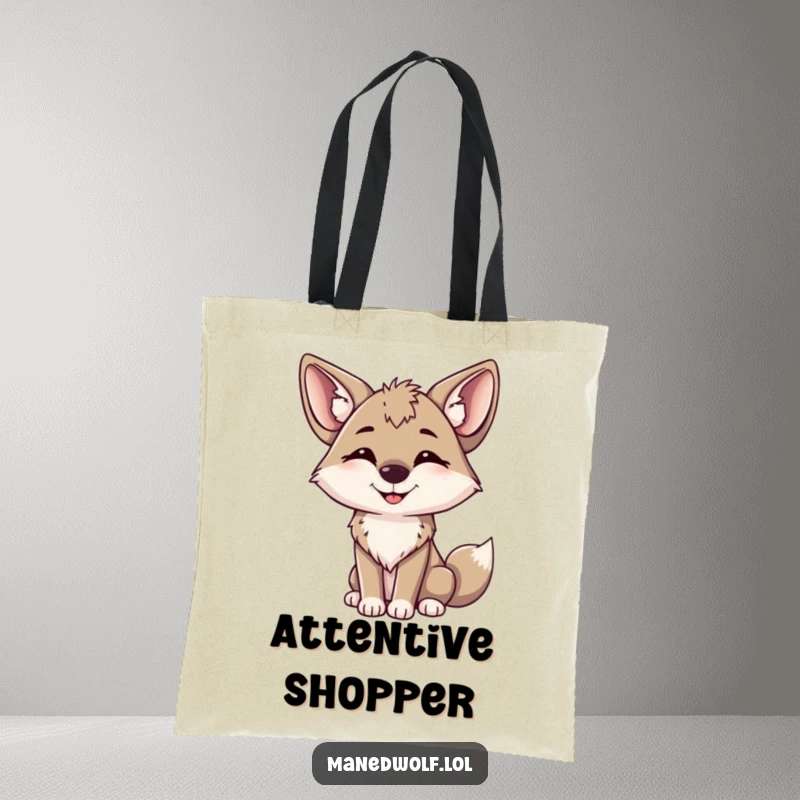 Funny maned wolf tote bag showing a happy wolf tilted head with alert, big ears, ready for anything.