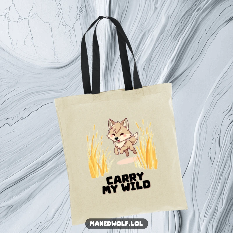 Funny maned wolf tote bag, graphically depicting a maned wolf humorously prancing with long legs through tall, golden prairie grass.