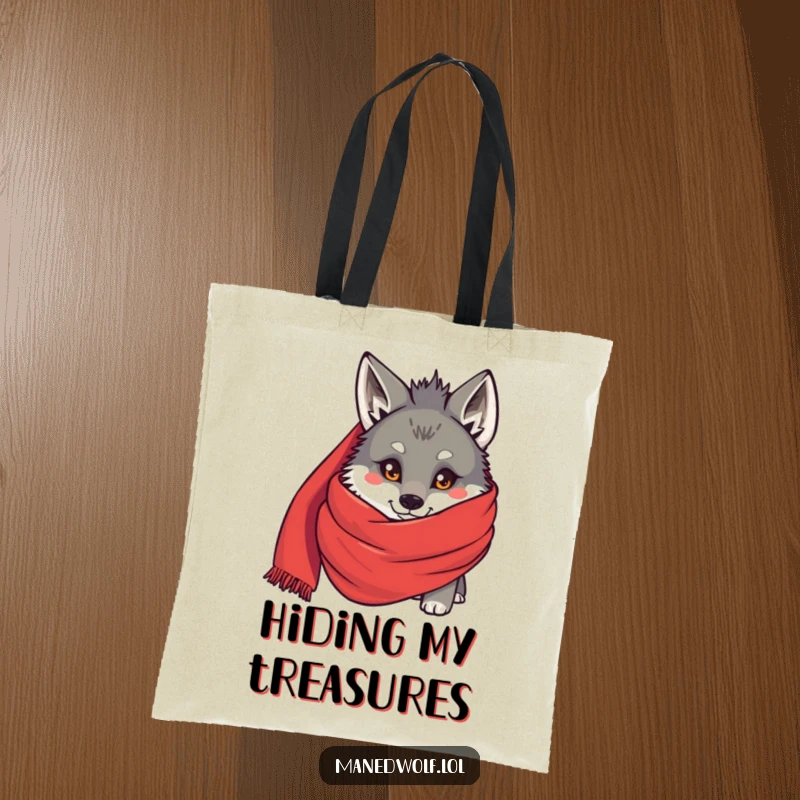 Funny Maned wolf peeking from behind an oversized red scarf on a tote bag, illustrating shy humor and cozy charm.