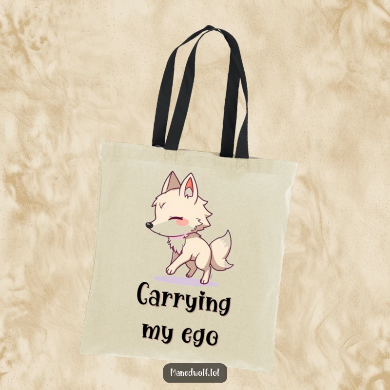 Funny maned wolf tote bag, a creature playfully chases its shadow, perfect for carrying essentials and smiles.