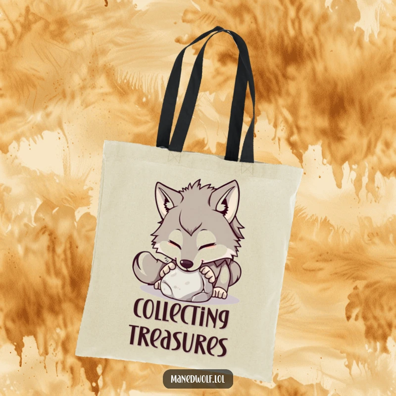 Funny maned wolf tote bag showing a playful wolf gently nudging a small, round stone with its nose.