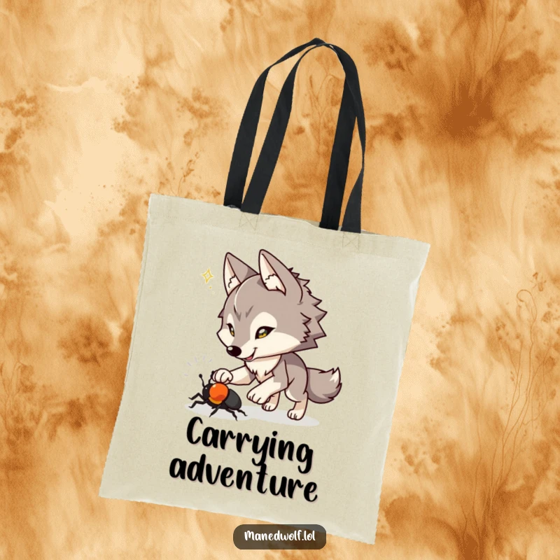 Funny tote bag with a maned wolf playfully chasing a beetle, embodying spirited fun and adventure.