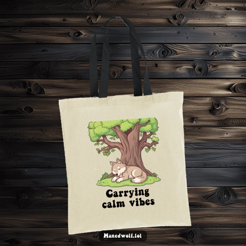 Funny maned wolf tote bag featuring a content maned wolf resting peacefully under a large tree.