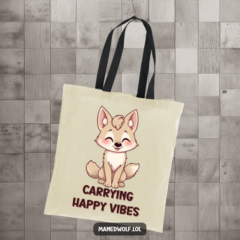 Funny playful maned wolf tote bag, tail wagging, friendly nod, perfect for carrying essentials and smiles.