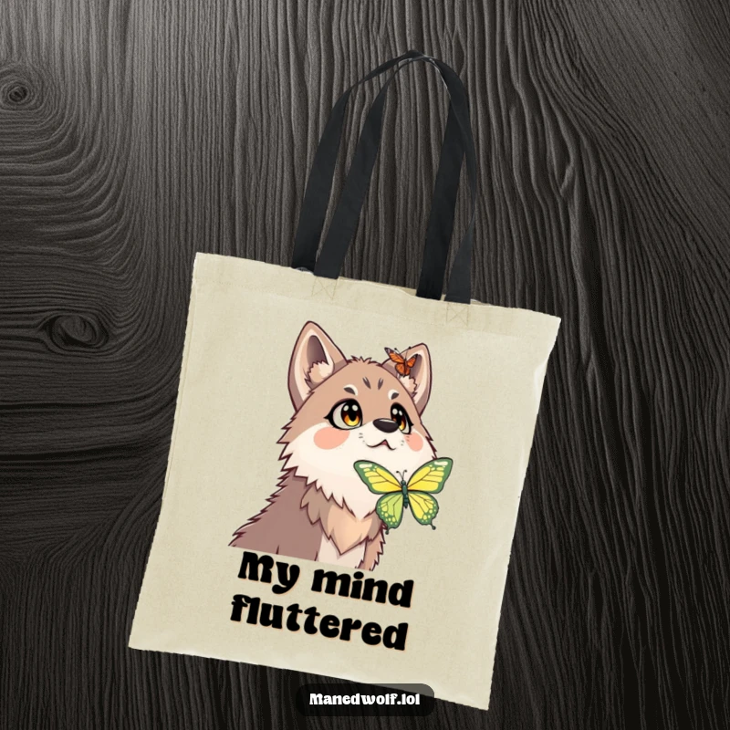 Funny maned wolf tote bag showing a surprised maned wolf looking up at a butterfly with wide, comical eyes.