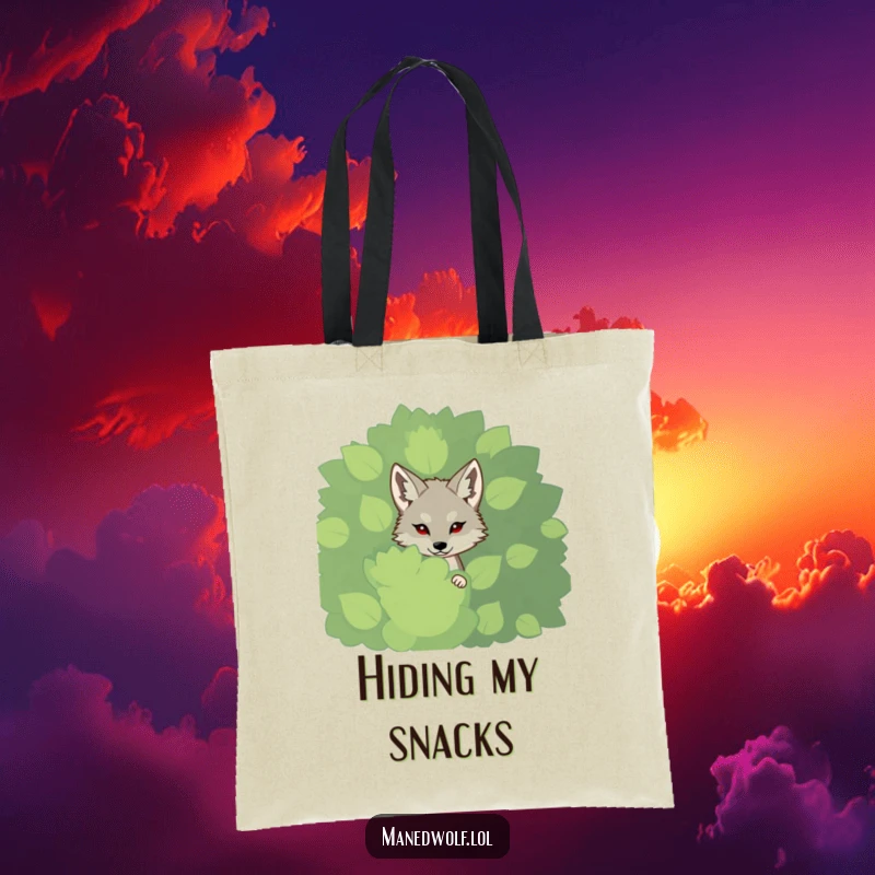 Funny shy maned wolf tote bag, peeking from a bush, cute and practical for everyday use.