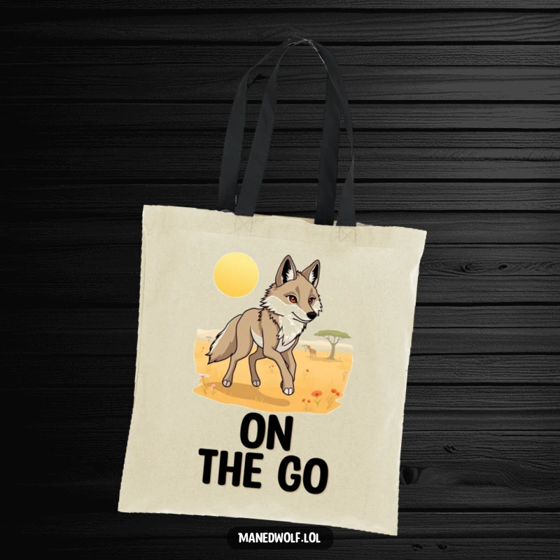 Funny maned wolf tote bag showing a lithe wolf with long legs trotting purposefully across a sunlit savanna.