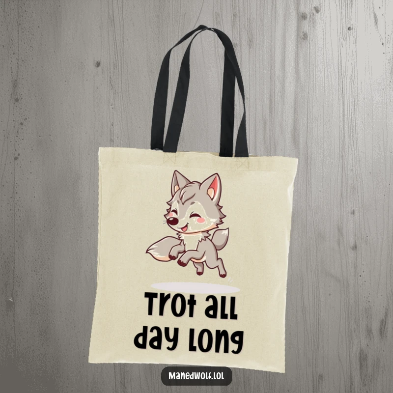 Funny kawaii maned wolf tote bag featuring a cute wolf doing a happy, bouncy trot, perfect for carrying essentials with cheer.